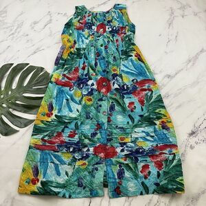 Sante Womens Vintage Midi Dress Size S Blue Yellow Watercolor Pleats Pockets